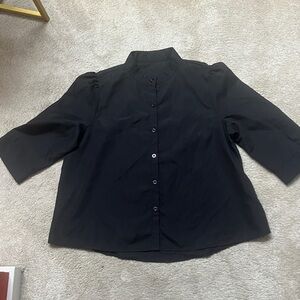 Black button up collarless shirt